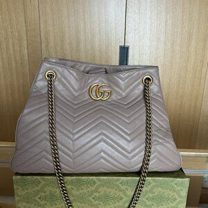 Gucci GG Marmont Matelassé Leather Tote Taupe Gold Chain Bag